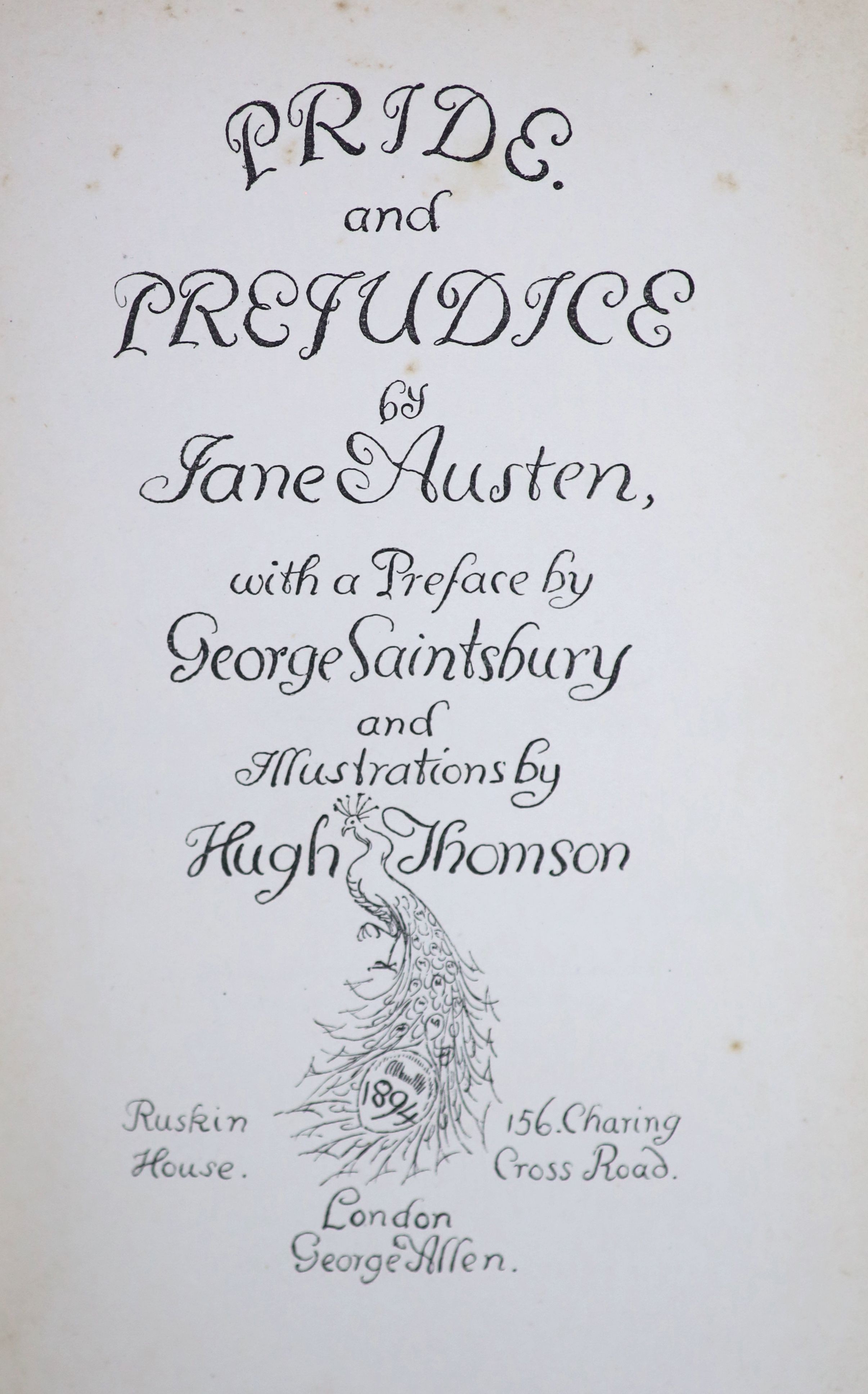 Austen, Jane - Pride and Prejudice, illustrated by Hugh Thomson, original gilt decorated cloth, first ‘’Peacock’’ edition, bookplate with presentation inscription pasted to front inner board, fly leaves spotted, text and